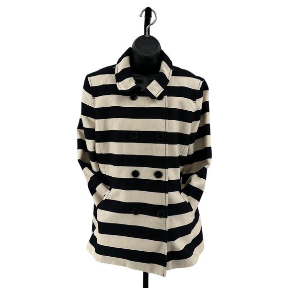 Ann Taylor Loft Striped Jacket Women's L Black Cream Double Breasted Long Sleeve - Picture 2 of 8